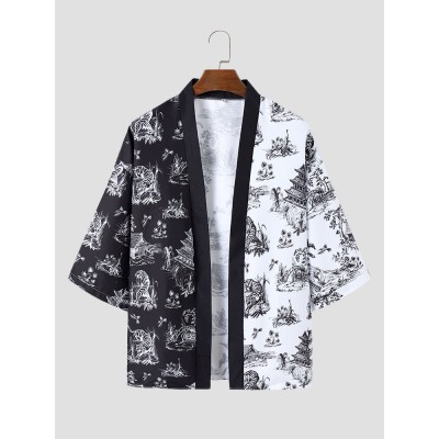 Mens Two Tone Tiger Print Hit Trim Front Open Kimonos