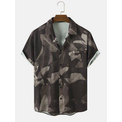 Mens Tropical Leaf Print Chest Pocket Holiday Short Sleeve Shirts