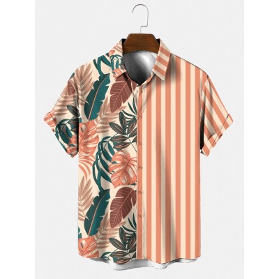 Mens Tropical Leaf   Striped Print Holiday Short Sleeve Shirts