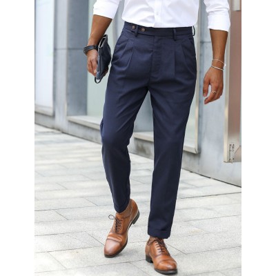 Men Solid Color Formal Side Button Pockets Ankle Length Business Pants
