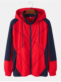 Mens Patchwork Contrast Color Zipper Casual Sports Hooded Jacket