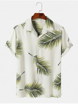 Mens Tropical Leaves Pattern Side Split Buttons Up Shirts