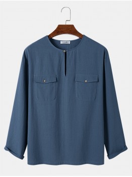Mens Solid Color Button Neck Flap Pocket Cotton Long Sleeve T  Shirts