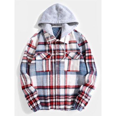 Men Contrast Color Pockets Button up Lapel Hooded Shirts Jackets