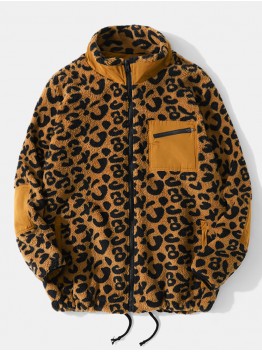 Men Leopard Fleece Patch Pocket Stand Collar Drawstring Hem Jackets